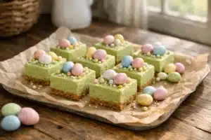 matcha Easter dessert bites with green color and pastel candy toppings on a tray