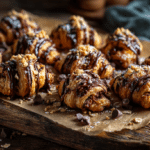 No bake cookie croissant bites filled with chocolate oatmeal mixture and topped with chocolate chips on a rustic board
