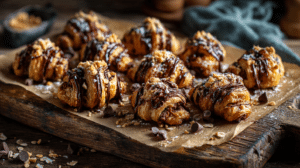 No bake cookie croissant bites filled with chocolate oatmeal mixture and topped with chocolate chips on a rustic board