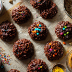 No bake cookies kids can make with chocolate oats, sprinkles, and candy toppings on a parchment-lined table
