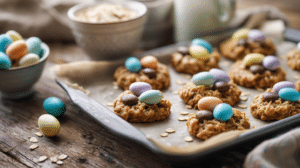 quick and easy no bake Easter cookies with pastel candy eggs on parchment tray in bright spring kitchen