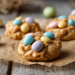 Peanut butter Easter no bake cookies with pastel candy eggs