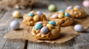 Peanut butter Easter no bake cookies with pastel candy eggs
