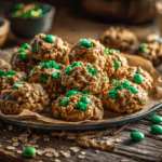 peanut butter no bake cookies for St Patrick's Day with green candy topping on parchment tray