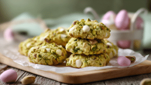 pistachio Easter dessert recipe no bake cookies with white chocolate and pistachios on tray