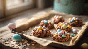 quick Easter sweets no oven no bake cookies with pastel candy eggs on tray