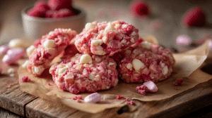 easy raspberry Easter dessert no bake cookies with white chocolate and raspberry pieces on tray