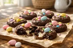 soft center Easter treats with creamy chocolate filling and pastel toppings on parchment paper