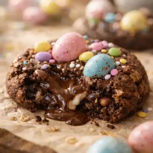 No-Bake Soft Center Easter Treats – Ready in 15 Minutes 1 broken soft center Easter treat showing creamy chocolate middle and chewy texture