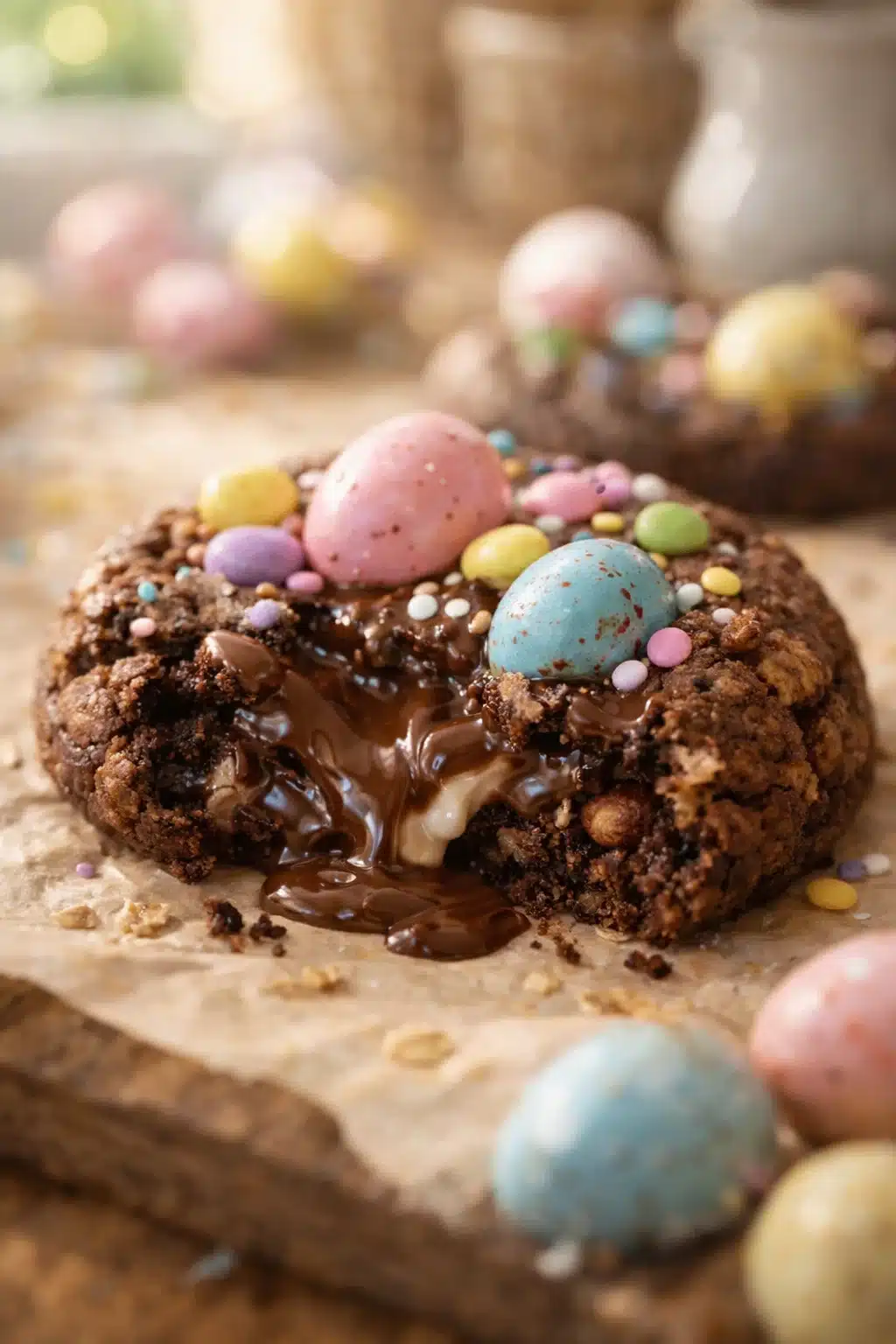 soft-center-easter-treats-vertical broken soft center Easter treat showing creamy chocolate middle and chewy texture