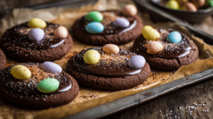 spicy chocolate Easter dessert cookies with rich chocolate and pastel candy toppings