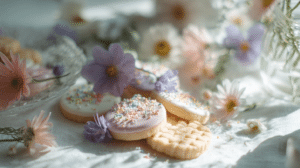 spring dessert ideas aesthetic with pastel no-bake cookies and floral decor