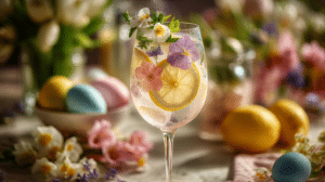 Spring floral cocktail for Easter with edible flower garnish