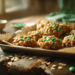 St Patrick's Day no bake cookies 3 ingredients with green candy topping on parchment tray