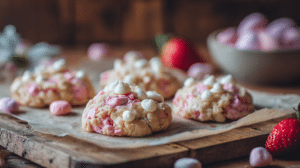 strawberry cream Easter dessert no bake cookies with white chocolate and strawberry pieces