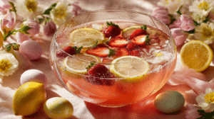Strawberry lemonade Easter party punch with fresh berries and lemon slices
