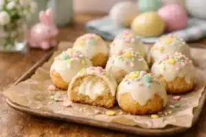 stuffed Easter dessert bites with creamy filling and chocolate exterior on a tray