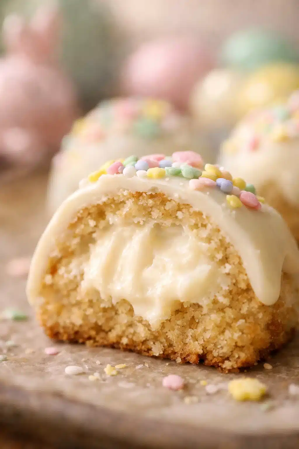 stuffed-easter-dessert-ideas-vertical close-up stuffed Easter dessert showing creamy filling inside chocolate bite