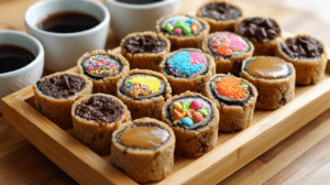 Sushi cookie dough bites styled like colorful dessert sushi rolls with sprinkles and chocolate chips