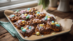 sweet and salty Easter treats with chocolate, pretzels, and pastel candy toppings on tray