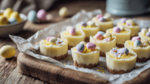 tangy Easter dessert bites with lemon zest, white chocolate, and pastel candy toppings