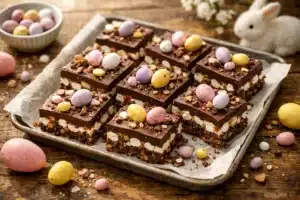 triple texture Easter dessert cookies with chocolate, oats, cereal, and pastel candy toppings