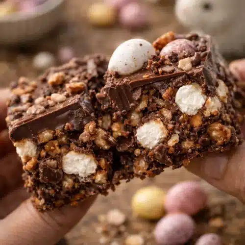 No-Bake Triple Texture Easter Dessert – Ready in 15 Minutes 1 close-up triple texture Easter dessert showing creamy, crunchy, and chewy layers