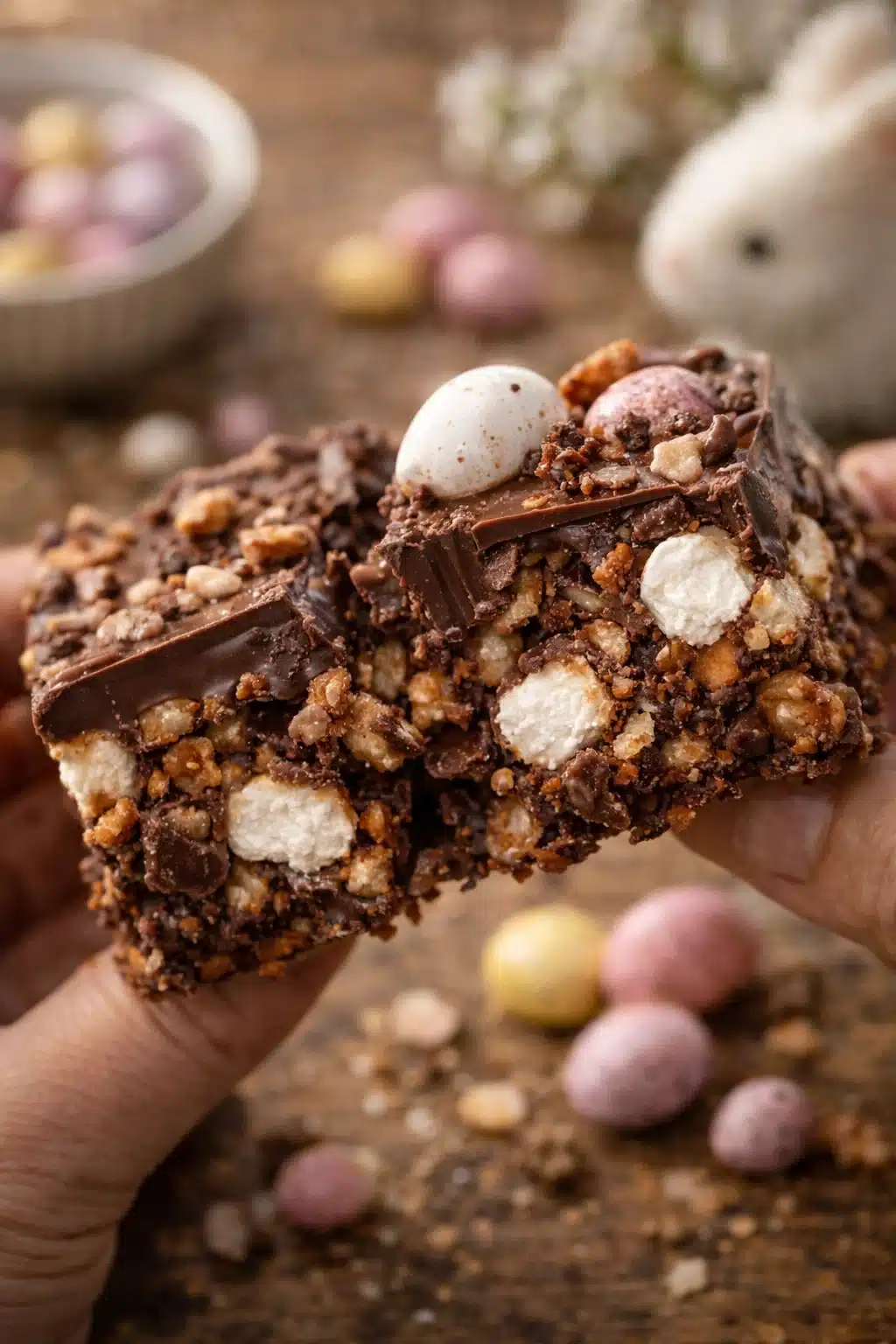 triple-texture-easter-dessert-vertical close-up triple texture Easter dessert showing creamy, crunchy, and chewy layers