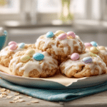 white chocolate Easter no bake cookies with pastel candy eggs on parchment tray in bright spring kitchen lighting