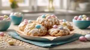 white chocolate Easter no bake cookies with pastel candy eggs on parchment tray in bright spring kitchen lighting