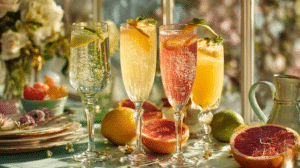 3 ingredient Easter cocktails in champagne flutes with citrus and pastel spring table setting