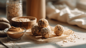 No-bake 3-ingredient energy balls with oats and peanut butter on a rustic table
