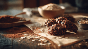 No-bake 5-ingredient cookies with oats and cocoa on a rustic wooden table
