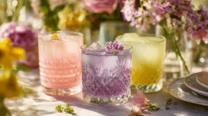 aesthetic Easter mocktails in pastel colors on a spring brunch table with flowers and soft lighting