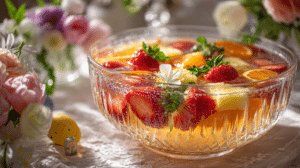 alcohol free fruit punch Easter in punch bowl with fresh fruit and spring decorations