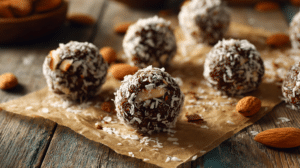 no-bake Almond Joy energy balls with coconut flakes and almonds on parchment in warm natural light