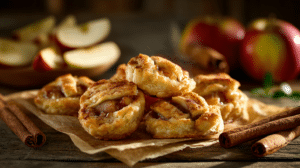 no-bake apple pie cookie bites with visible apple pieces and cinnamon on parchment in warm autumn light