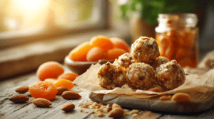 No-bake apricot almond energy bites with dried apricots and almonds on parchment paper
