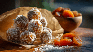 No-bake apricot coconut bites with dried apricots and shredded coconut on parchment