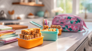 Back-to-school no-bake bites packed in lunchboxes with colorful school supplies on a bright kitchen counter