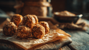 no-bake banana bread energy balls with oats and banana texture on parchment in warm natural light