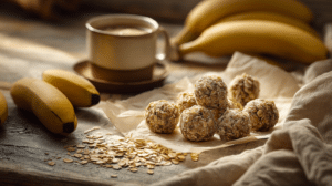 No-bake banana oatmeal energy bites with oats and ripe bananas on a rustic table