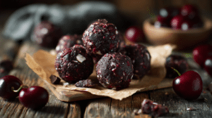 no-bake Black Forest bites with chocolate and cherry pieces on parchment in warm natural light