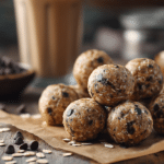 No-bake blender energy balls with oats and chocolate chips on parchment paper in natural light