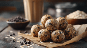 No-bake blender energy balls with oats and chocolate chips on parchment paper in natural light