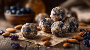 No-bake blueberry almond energy balls with dried blueberries and almonds on parchment paper