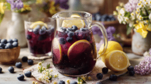 blueberry lemonade Easter drink with fresh blueberries and lemon slices in a glass pitcher on a spring table