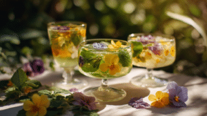 botanical Easter cocktails with herbs citrus and edible flowers on a spring garden table