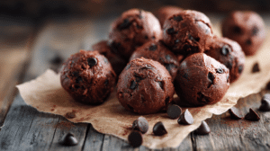 no-bake brownie batter bites with rich fudgy texture and chocolate chips on parchment in warm natural light