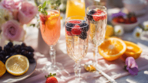 brunch cocktails with fruit featuring berries and citrus in sparkling glasses on spring table